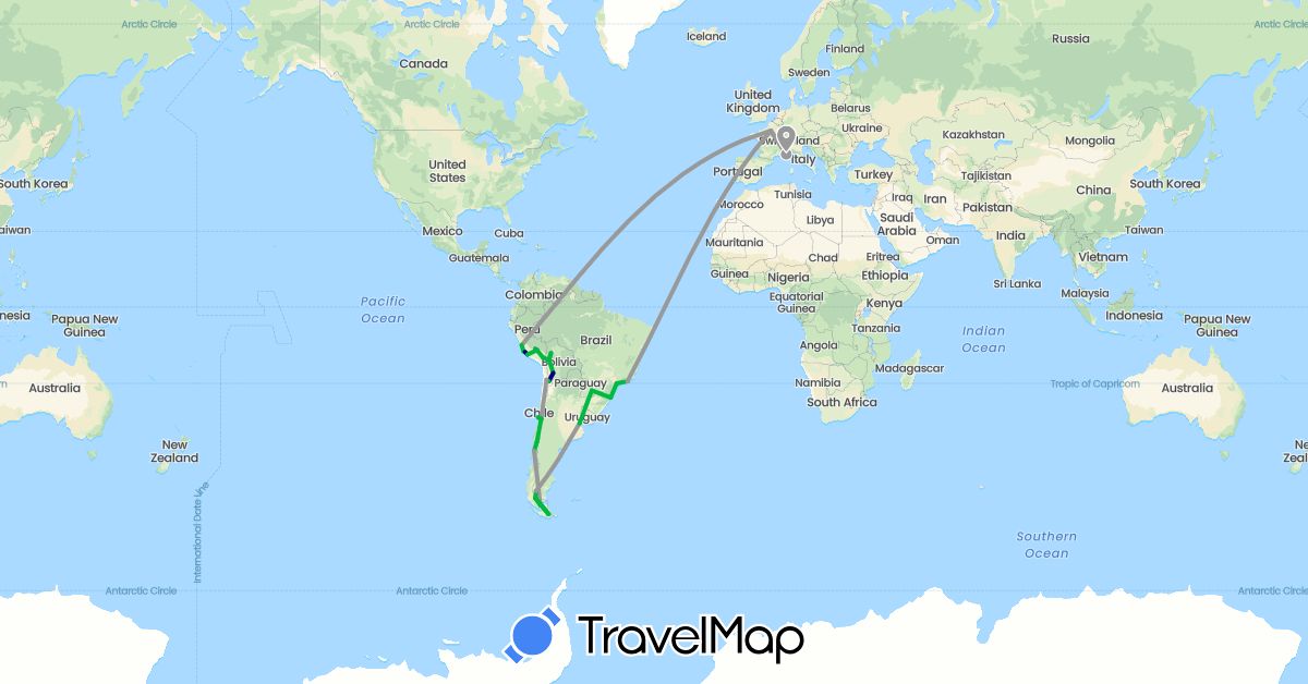 TravelMap itinerary: driving, bus, plane, train in Argentina, Bolivia, Brazil, Chile, France, Peru (Europe, South America)